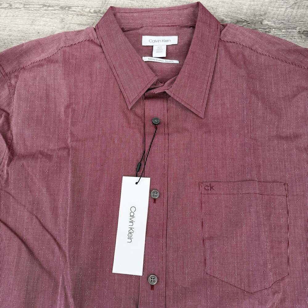 Calvin Klein Button Up Shirt Mens XL Red Striped Diamond Cotton Stretch NEW